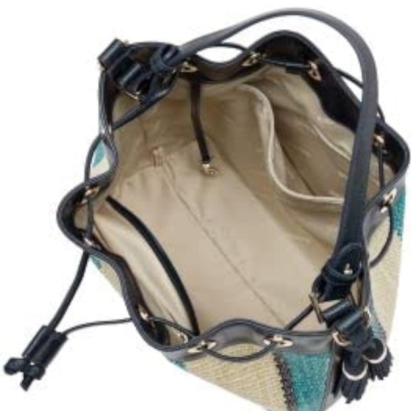 Brahmin Marlowe Navy Anguilla Straw Stripe Smooth Leather Drawstring Bucket Bag - Picture 3 of 5